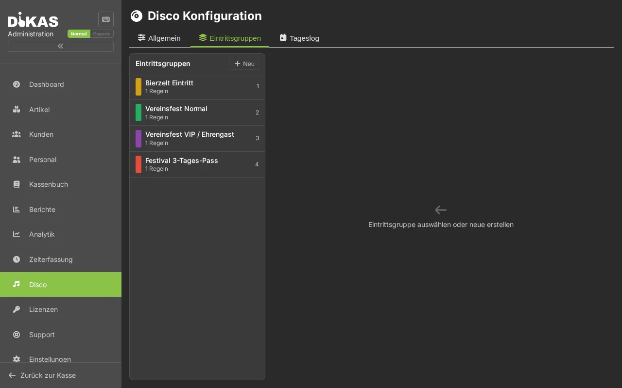 Disco — Eintrittsgruppen verwalten