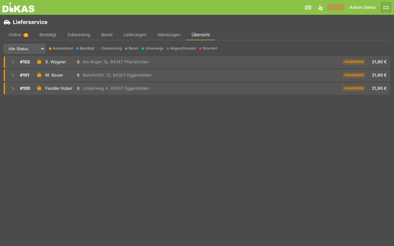 Lieferservice — Online-Tab mit eingehender Bestellung