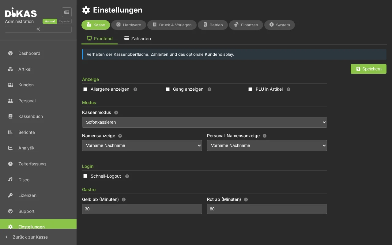Kasse/Frontend-Einstellungen
