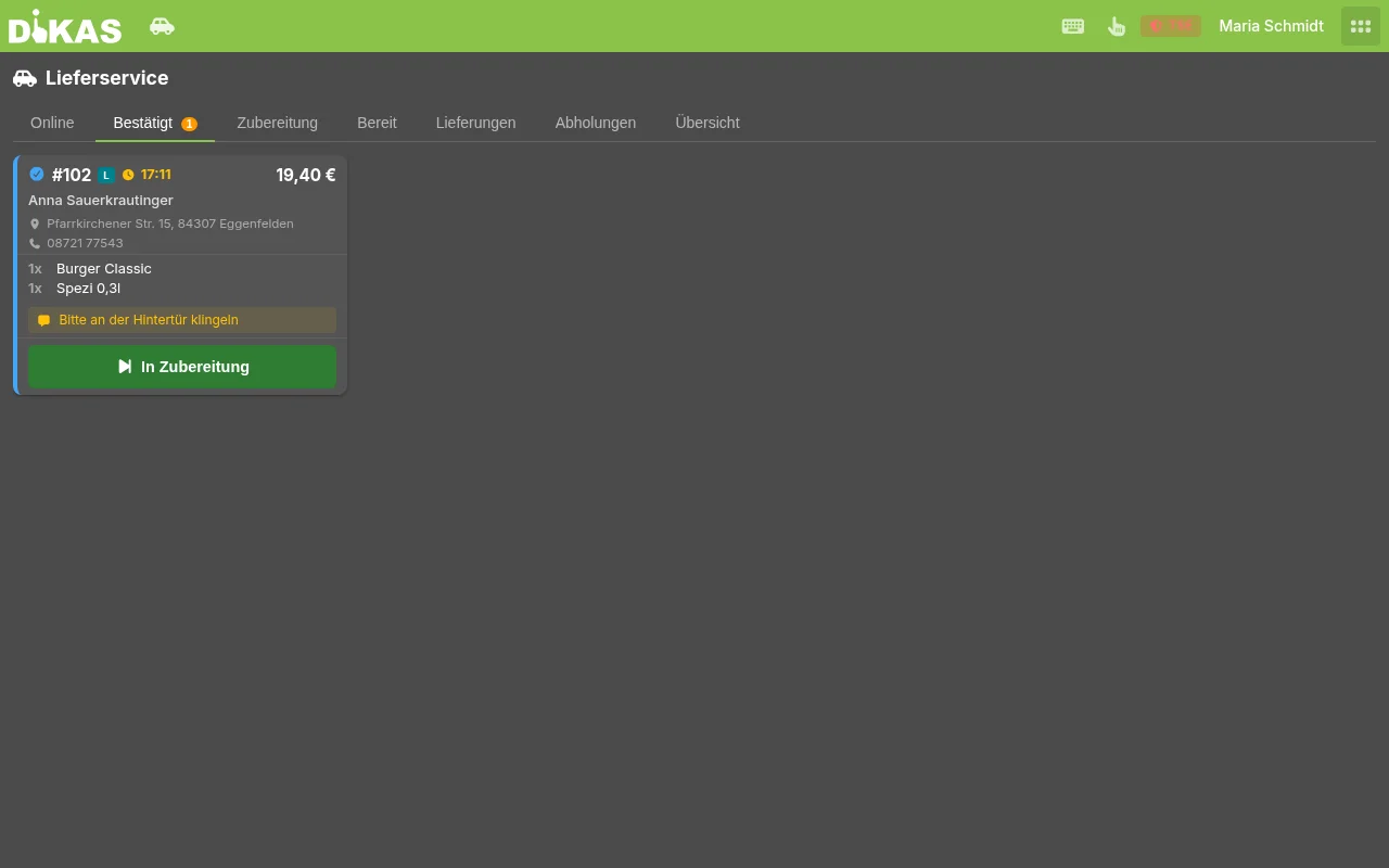 Lieferservice-Ansicht mit Workflow-Tabs und bestätigter Bestellung