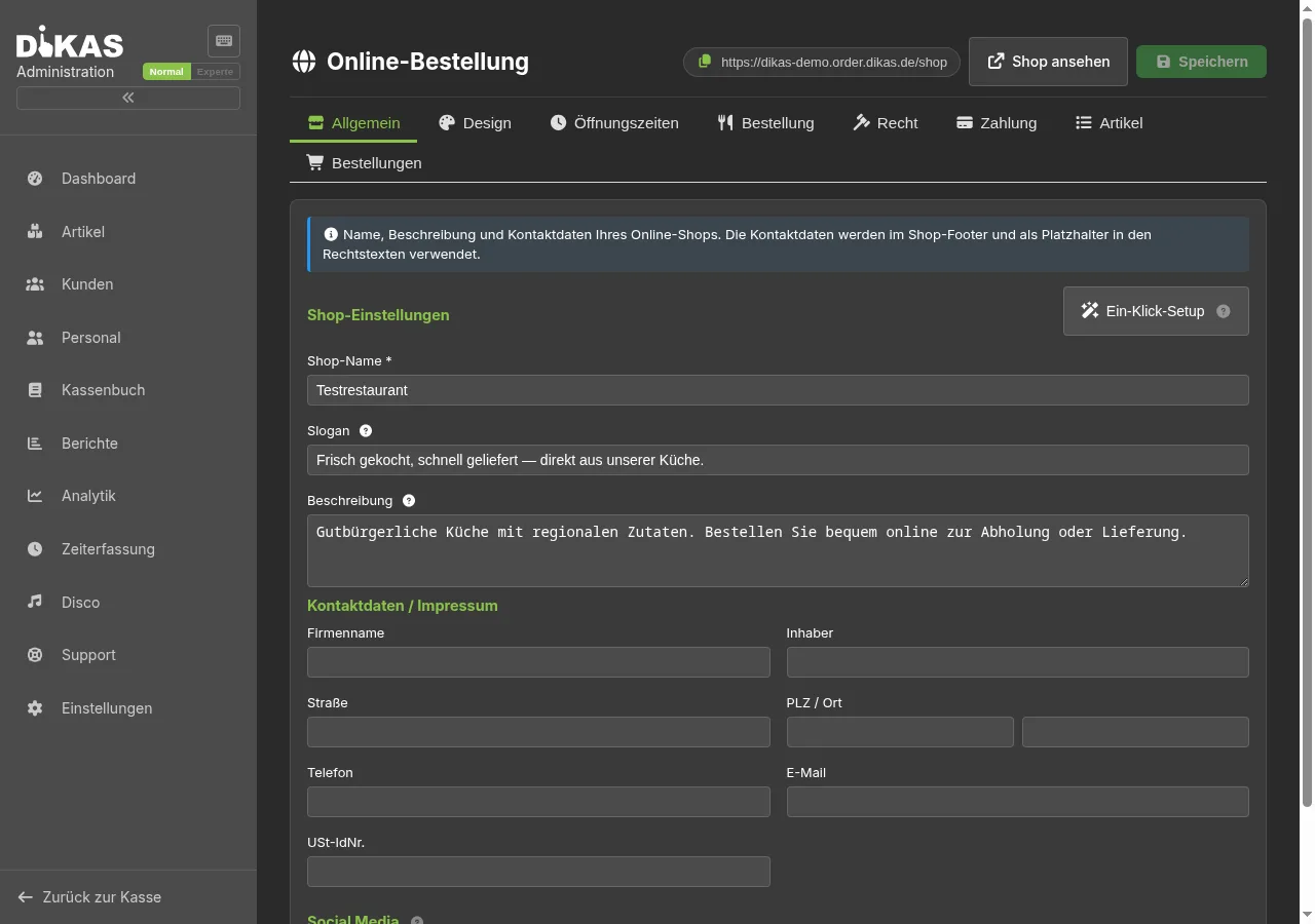 Admin-Maske — Tab Allgemein mit Kopfzeile und Shop-Adresse