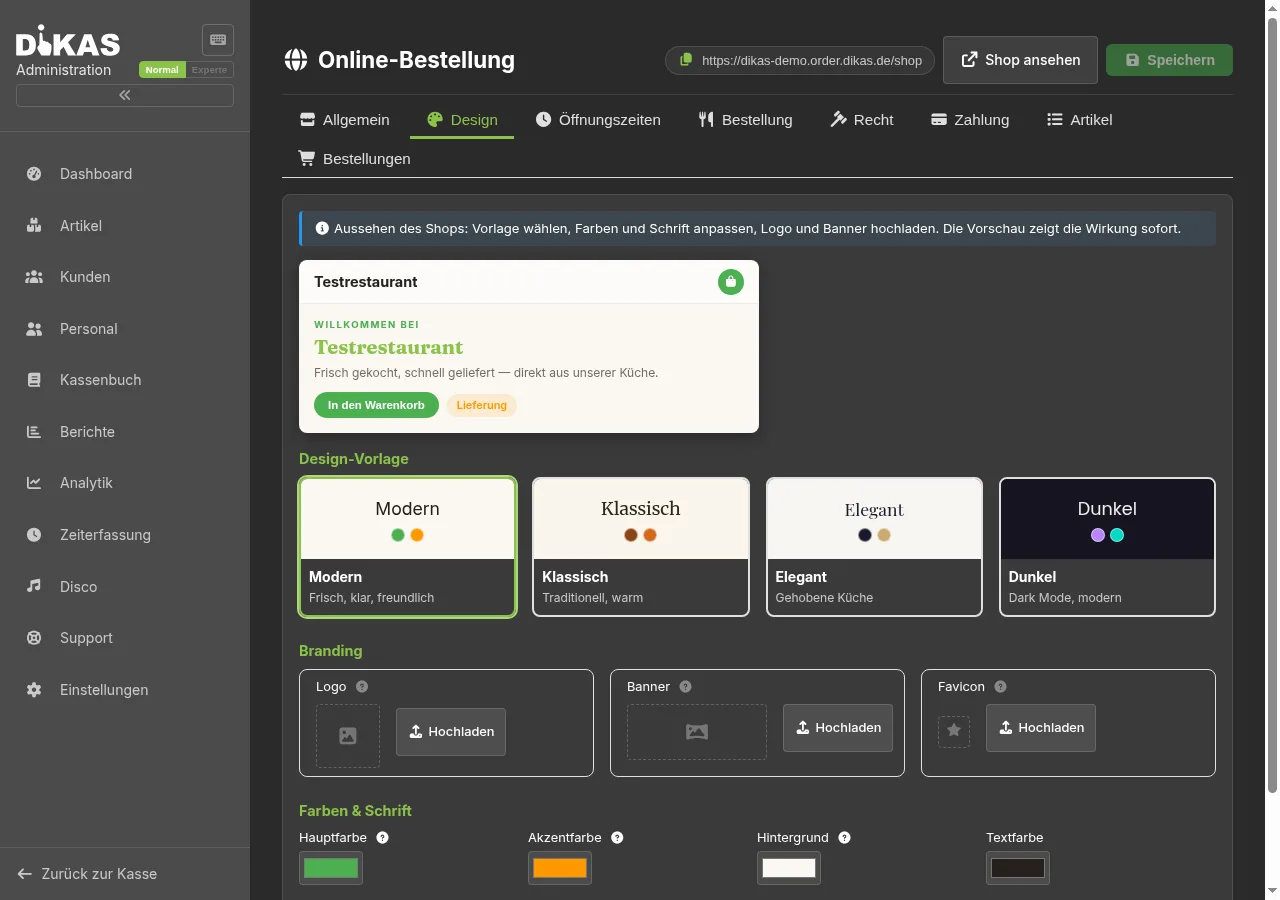 Admin-Maske — Tab Design mit Live-Vorschau, Vorlagen und Branding