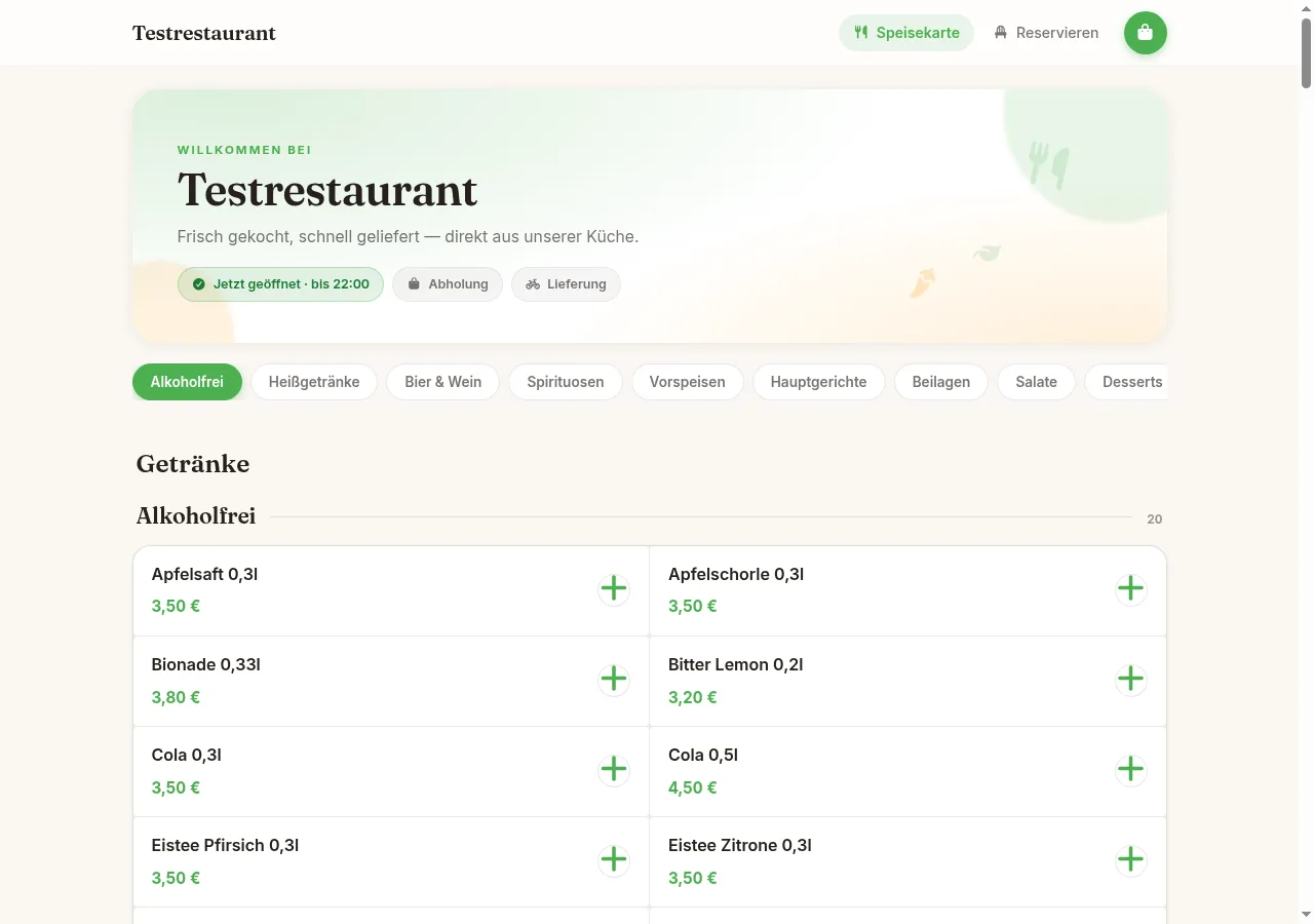 Online-Shop — Speisekarte mit Hero-Bereich und Status-Chips